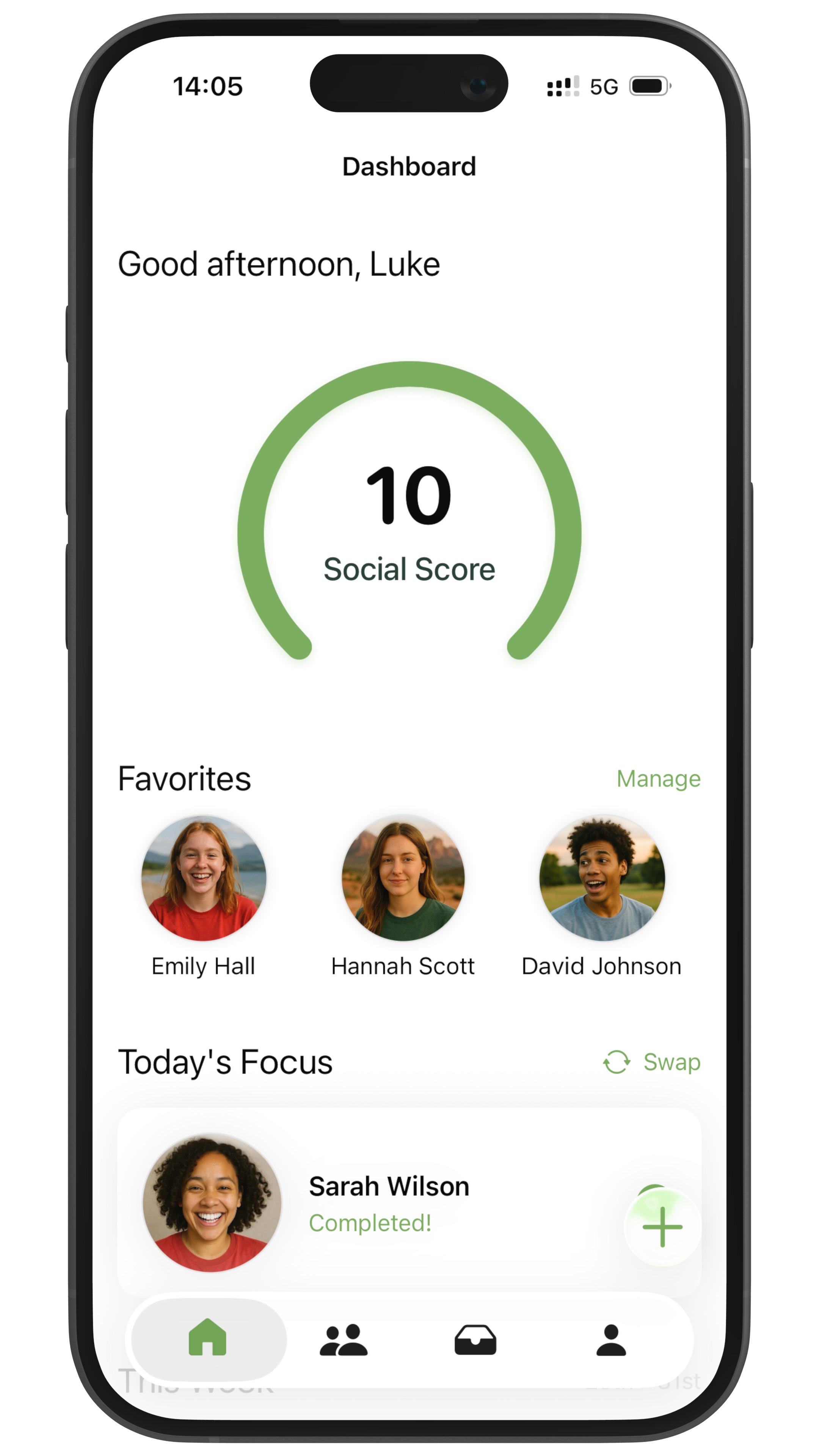Linkt dashboard showing Social Score and today's focus