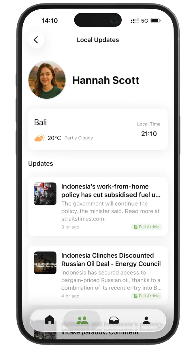 Linkt local updates screen with local time, weather, and news